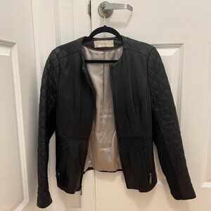 Tahari Black Helene Quilted Sleeve Leather Moto Jacket